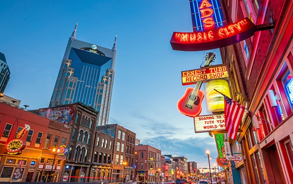 The red-brick exterior of the historic Ryman Auditorium, the original home of the Grand Ole Opry in downtown Nashville.