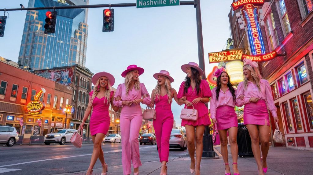 Group of friends in pink outfits walking Broadway Nashville nightlife with neon signs and landmarks, perfect for Nashville travel tips.