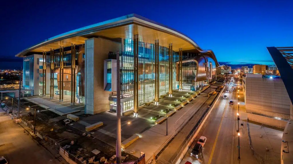 Modern Nashville landmark lit at night, perfect for a Nashville girls trip.