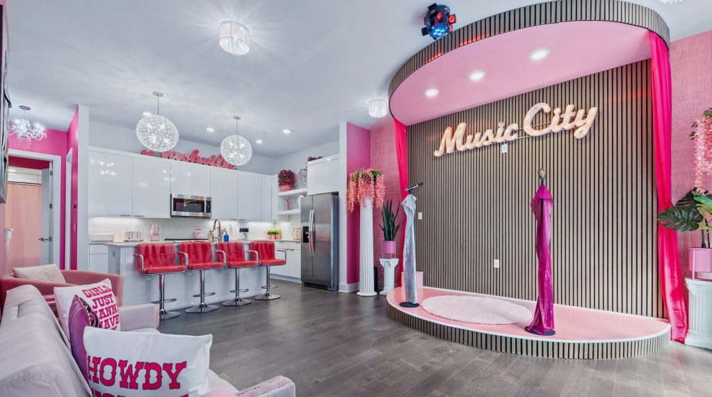 Colorful Music City stage and kitchen setup for a Nashville girls trip.