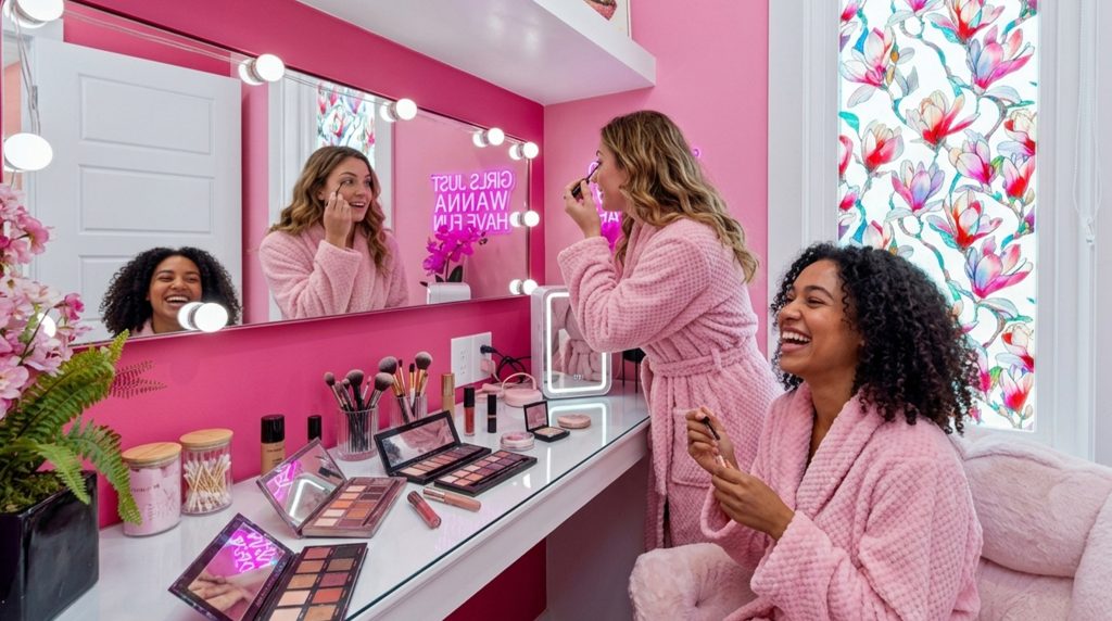 Friends in pink robes doing makeup during a Nashville girls trip.