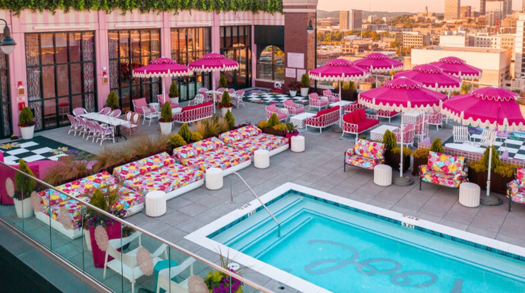 Colorful rooftop pool at Nashville vacation rental